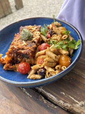 Lentil lasagna with pasta salad   at The Happy Pear in Greystones