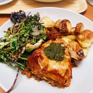 Lasagna, potatoes and saladd  at The Happy Pear in Greystones