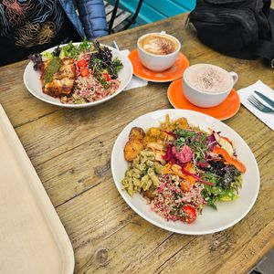 Lentil Lasagne and the Buddah Bowl washed down with a cappuccino and hot chocolate at The Happy Pear in Greystones