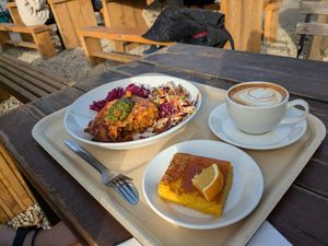 Lasagna and salad with a coffee and polenta cake at The Happy Pear in Greystones