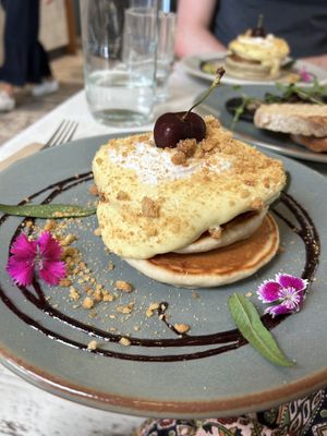 vegan cherry and custard pancakes   at KIND in Auckland