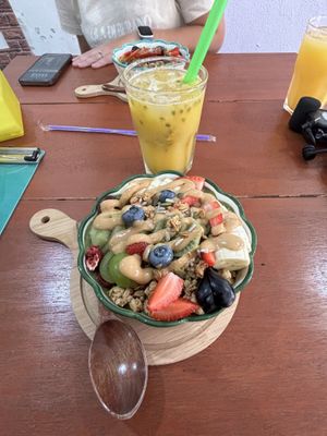 Passionfruit/orange juice with kiwi banana bowl and peanut butterr  at Every Fresh Bar in Penang