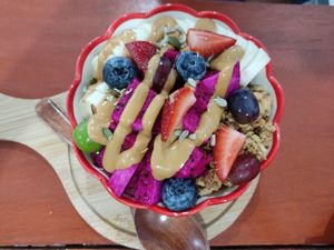 Purple pitaya smoothie bowl with added peanut butter at Every Fresh Bar in Penang