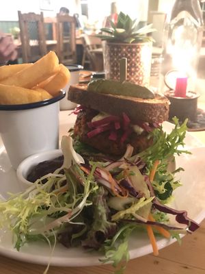 Harrissa sweet potato bean burger with beetroot ketchup 😋  at The Dolphin in Leiston