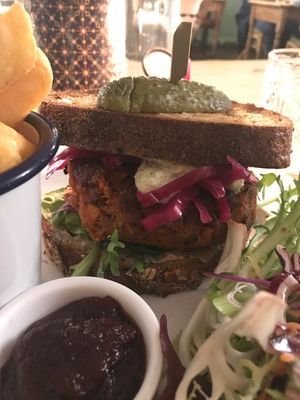 Burger with beetroot ketchup and pickled cabbage  at The Dolphin in Leiston