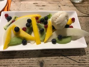 Fruit salad and coconut vegan ice cream  at The Dolphin in Leiston