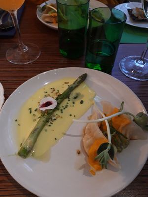 Asparagus & hollandaise and gyozas at Magu in Helsinki