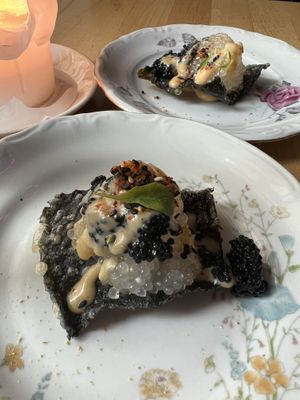 Tempura seaweed, truffle pearl, unagi sauce  at Magu in Helsinki