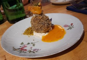 Arancino, pickled mushroom and parmesan cream at Magu in Helsinki