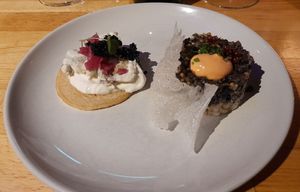 (Right) Wild mushroom tartar, fermented tomato and rose pepper. (Left) Blini, creme fraiche and wild mushroom. at Magu in Helsinki