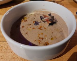 Mushroom cream, white balsamic, apples and figs. at Magu in Helsinki