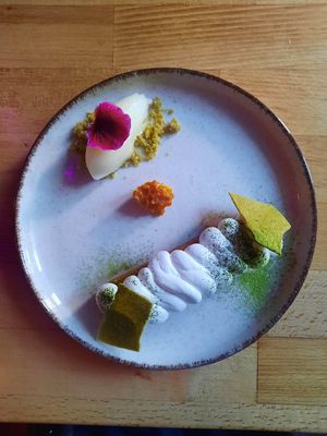Dessert: matcha tiramisu, agavecomb candy, sorbet at Magu in Helsinki
