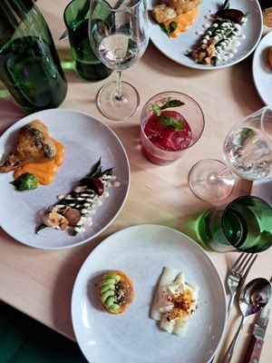 Spring menu 2025 - romanesco & romesco, beans with fermented plum, sweet potato, sweet pea aand vanilla, whie aspargus with maltaise sauce at Magu in Helsinki