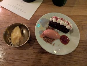 Dessert, mandarin and basil sorbet and gateaux. Just amazing. at Magu in Helsinki