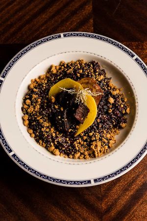 Wild risotto
Black rice, beetroot & sheep polypore risotto with lichen & nut parmesan / with white truffle at Magu in Helsinki
