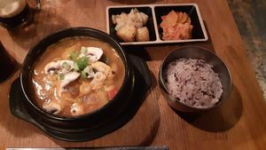Doenjang with banchan and red rice at Kimchi Hop House in Dublin