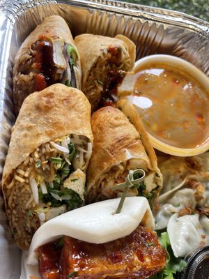 Tofu bao bun (front), Ramenritto (middle) and phoeitto (back)  at Cris and John in Dallas