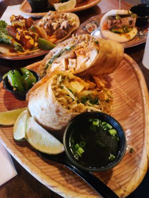 Tofu ramen-rrito with vegan broth at Cris and John in Dallas