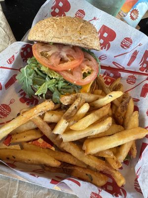 Vegan Patty with vegan cheese and Fries   at Burgatory - McHolme Dr in Pittsburgh