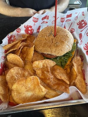 Vegan Patty with vegan cheese and house made chips   at Burgatory - McHolme Dr in Pittsburgh