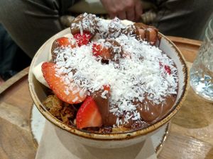 Chocolate hazelnut acai bowl at Life Alive Organic Cafe in Boston