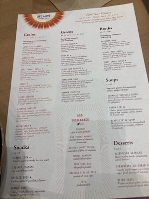 Menu at Life Alive Organic Cafe in Boston