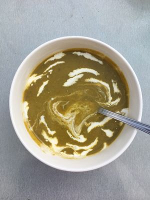 Spinach cream as 2nd plate  at Planeta ECO in Alicante