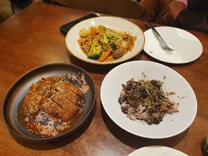 Udon noodles dish, Mock duck on rice, Jackaroo Rice and already eaten Satay Skewers at Chat For Tea in Ballarat