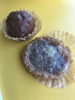 Peanut butter cookie with chia jam and chocolate covered cookie-dough ball    at The Cosmic Kitchen in Haleiwa