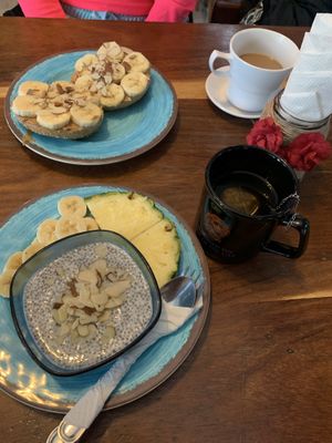  Chia pudding with almond milk and peanut butter banana bagel    at Namaste in Caye Caulker