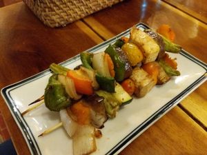 Vegetable kebabs (4 men's served with salad, noodles, and rice paper to make your own rolls) at Veggie Box in Phong Nha