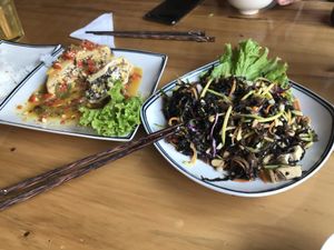 Stuffed tofu and seaweed salad at Veggie Box in Phong Nha