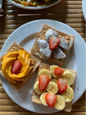 Peanut butter and fruit toasts  at Veggie Box in Phong Nha