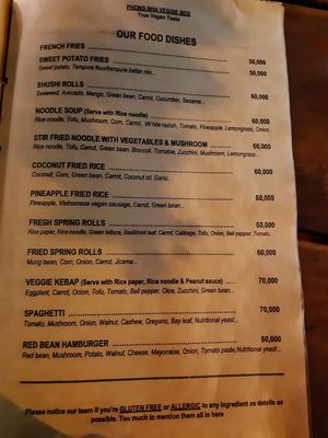 Menu mains at Veggie Box in Phong Nha