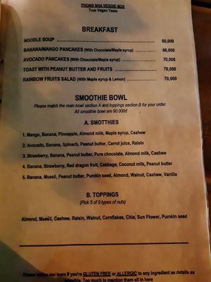 Menu breakfast at Veggie Box in Phong Nha