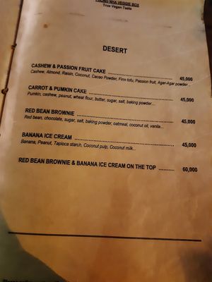 Menu desserts at Veggie Box in Phong Nha