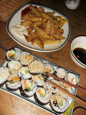Sushi and swet potato fries at Veggie Box in Phong Nha