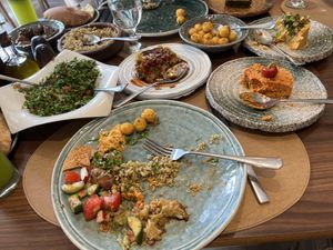 Lentil burgul frekeh tabuleh salad baba ghanoog mushroom…   at Levant in Amman