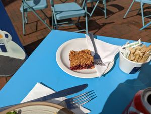 Blackcurrant flapjack (very nice) at The Narrowbar Cafe in Penrith