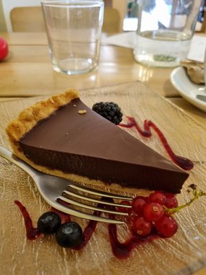 Vegan chocolate pie with raspberry layer at Aromaticus in Rome