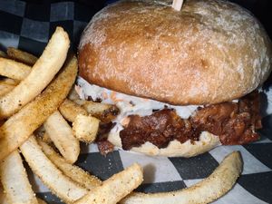 Pulled pork sandwich with J&H horseshoe fries  at Jekyll & Hyde's Gastropub in Erie
