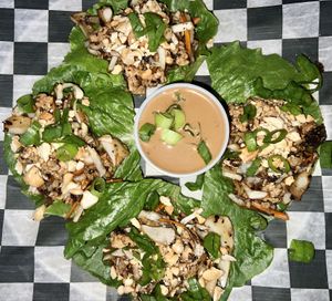 Asian lettuce wraps with peanut sauce. Extremely tasty but extremely messy/hard to eat  at Jekyll & Hyde's Gastropub in Erie