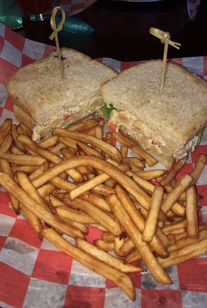 Vegan Chickpea salad sandwich with a side of fries at Jekyll & Hyde's Gastropub in Erie