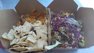 Not-chos and the taco salad. Budo's cheez is the bomb! at Budo Bowls - Food Cart in Redmond