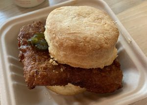 I don’t remember the proper title, but it’s a “chicken” biscuit sandwich.   at The BE-Hive in Nashville