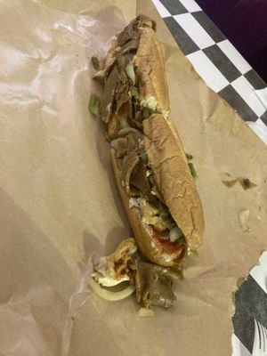 Steak and cheese I couldn’t find the cheese woulda liked more fyi basically seiten  peppers n bread   at The BE-Hive in Nashville