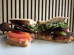 Homemade VEGAN BLT...Using Be-Hive Bacon….and yes it gets crunchy!  at The BE-Hive in Nashville