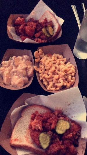 Mon Dinner: Nash Hot Chkn: cauliflower wings, Mac n cheese, & potato salad  at The BE-Hive in Nashville