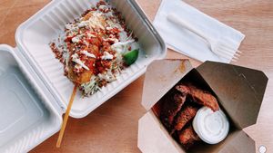 Elote corndog and buffalo seitan wings with ranch dipping sauce. at The BE-Hive in Nashville