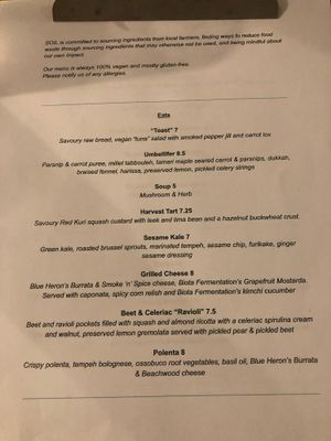 Menu Preview (with preview prices - these will change) at Soil in Vancouver